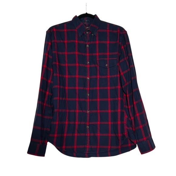 J. Crew Brushed Twill Flannel Button Down Plaid Navy and Red Size Medium Slim - Picture 1 of 11
